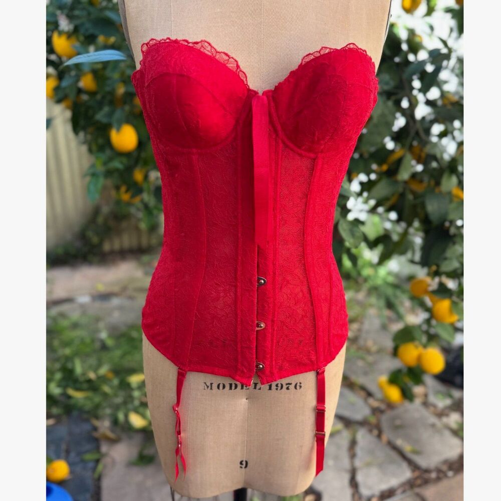 Savage x Fenty Goji Berry Red Embroidered Lace Lace Up Back Bustier Corset SZ M